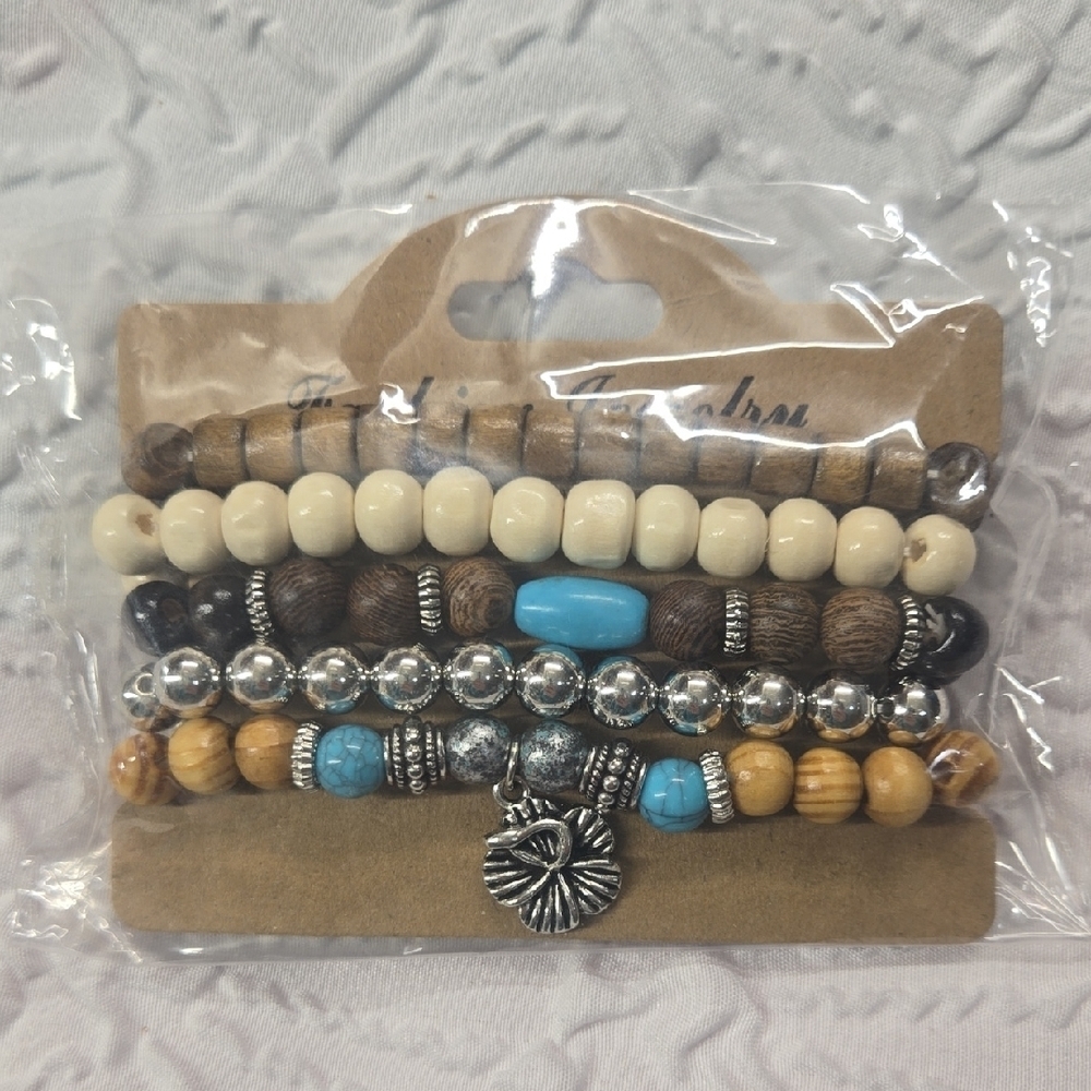 Boho Beaded Bracelet Set with Silver Charms